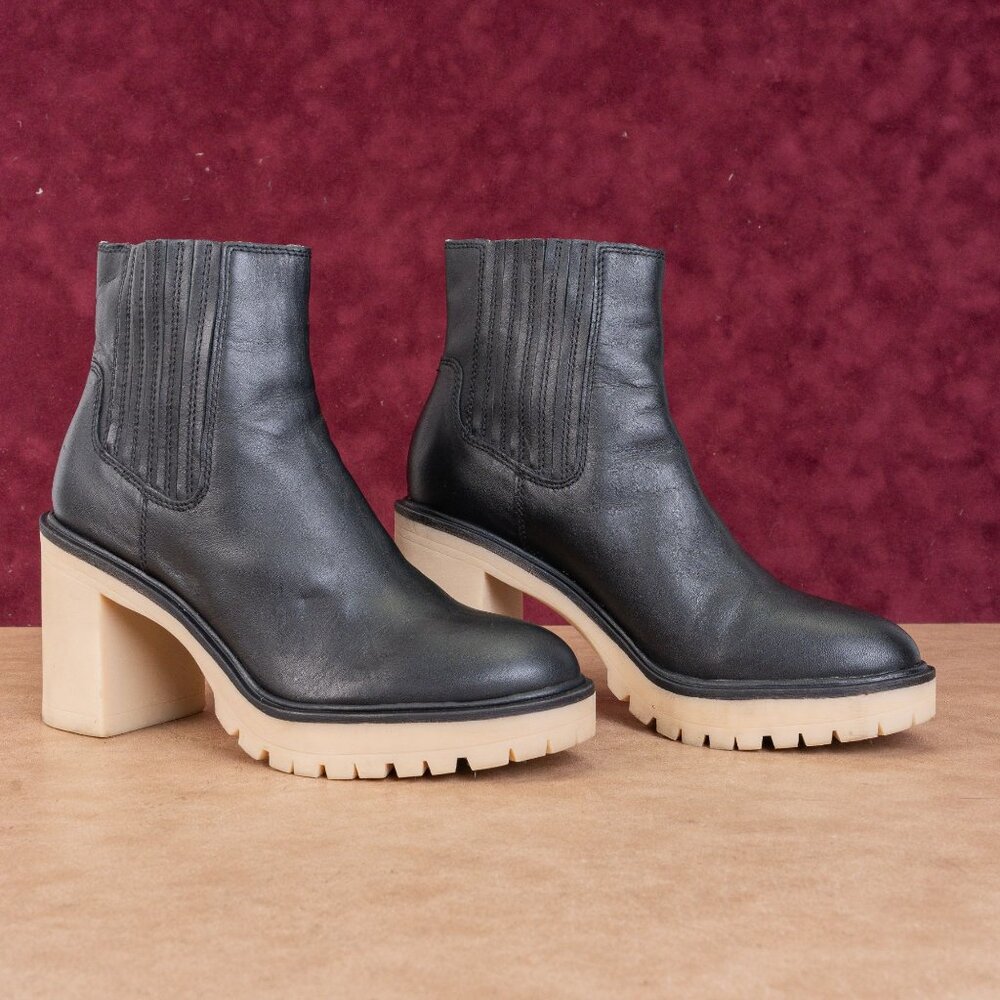 Dolce Vita Black Leather Ankle Booties with Cream Lug Sole